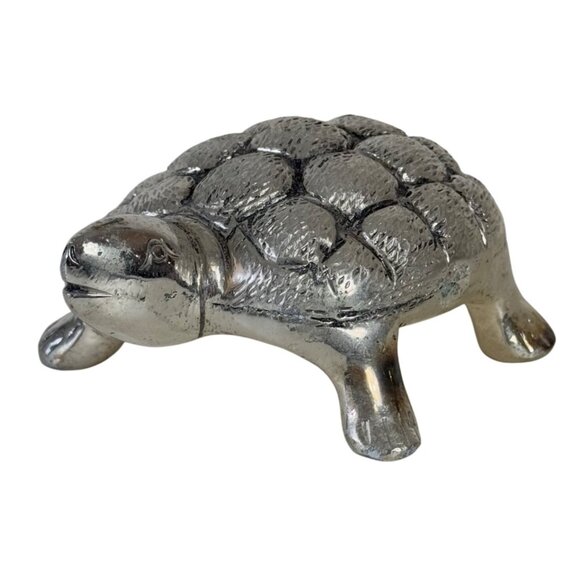 Sea Turtle White Metal Tortoise Sculpture Embossed Silver Tone Nautical Decor - Picture 1 of 15